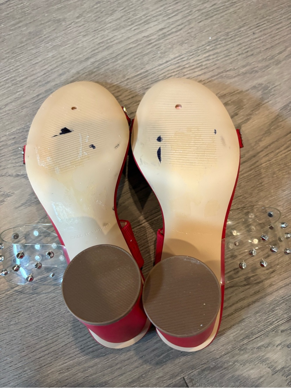 Call It Spring Red Rhinestone Block Heel Mules with Clear Studded Strap - Picture 10 of 15